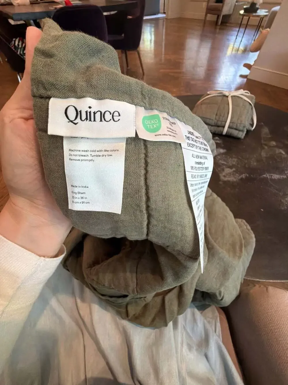 Quince European Linen Box Quilted King Size Shams, Dusty Olive 2. Refolded NEW